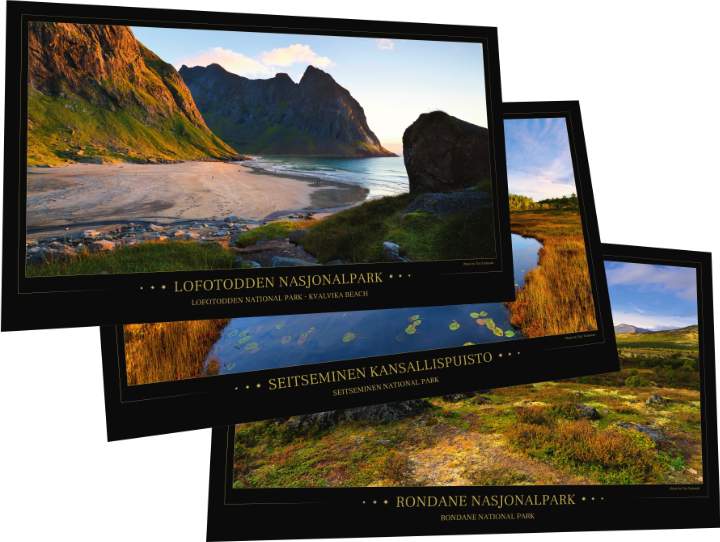 bilder-skandinavien 3 hintereinander liegende Poster von skandinavischen Nationalparks