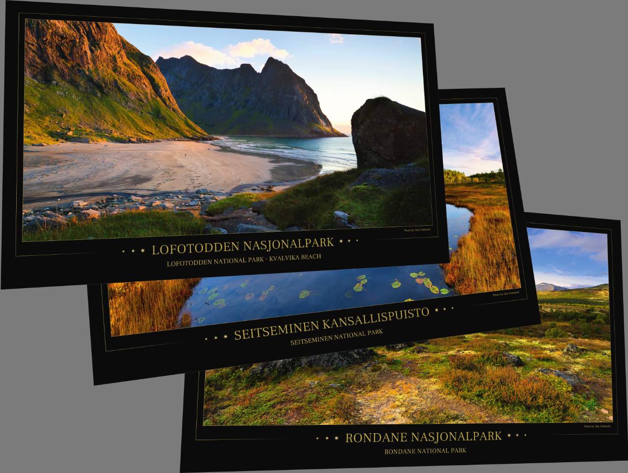 poster-nordische-nationalparks 3 hintereinander liegende Poster von skandinavischen Nationalparks
