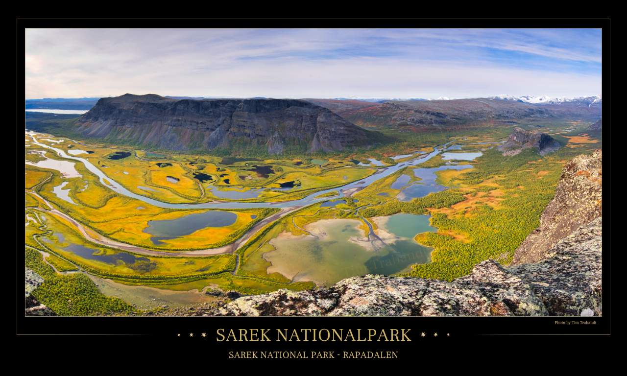Blick vom Skierffe auf das Rapadalen Delta und die Bergwelt des Sarek Nationalparks